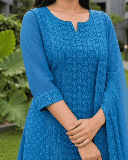 Blue Chikankari Embroidered Georgette Kurta Pant Set With Dupatta