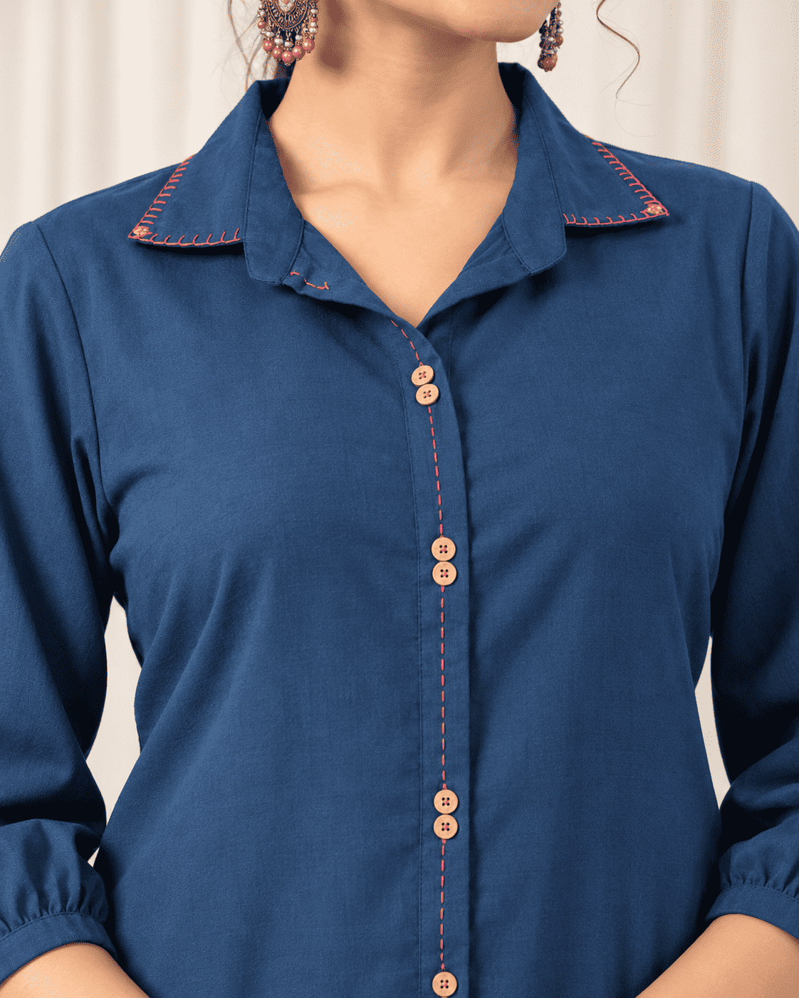Blue Cotton Kurta With Patchwork and Printed Pant Set