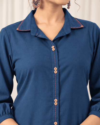Blue Cotton Kurta With Patchwork and Printed Pant Set