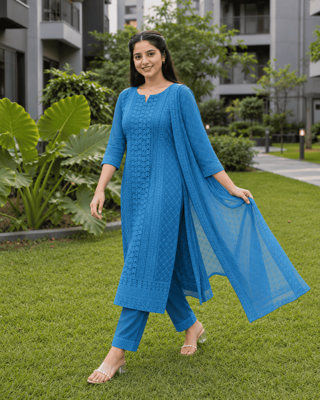 Blue Chikankari Embroidered Georgette Kurta Pant Set With Dupatta