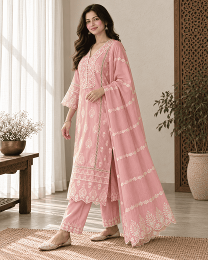 Pink Chikankari Embroidered Mul Cotton Kurta Pant With Dupatta