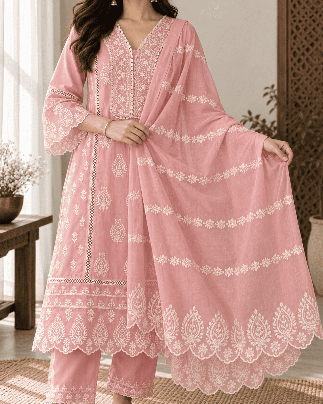 Pink Chikankari Embroidered Mul Cotton Kurta Pant With Dupatta
