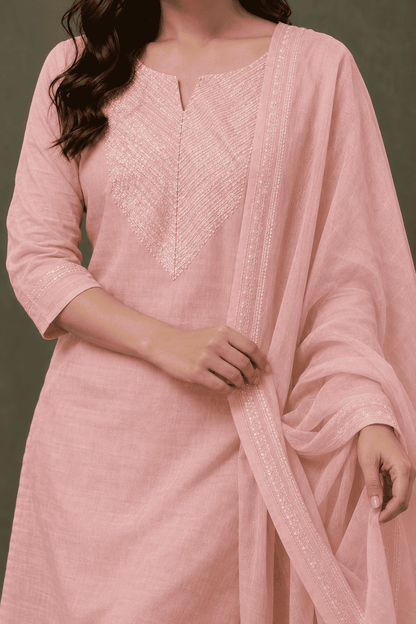 Blush Pink with gota work malmal Cotton Kurta Pant Set with dupatta