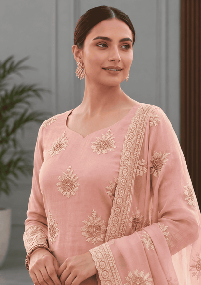 Unstitched Dusty Rose Pink Organza Suit With Delicate Sequin Floral Embroidery