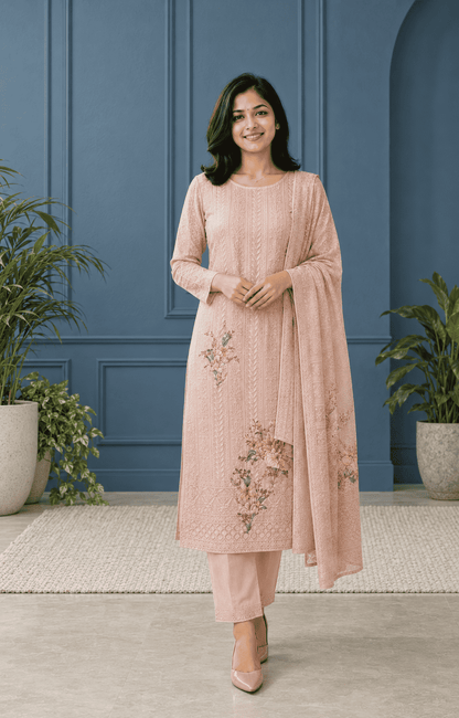 Pastel Lavender Unstitched Chiffon Suit Set With Dupatta Adorned With Floral Threadwork