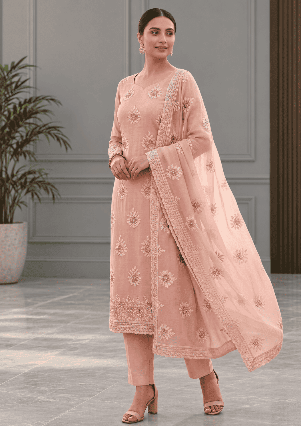 Unstitched Dusty Rose Pink Organza Suit With Delicate Sequin Floral Embroidery