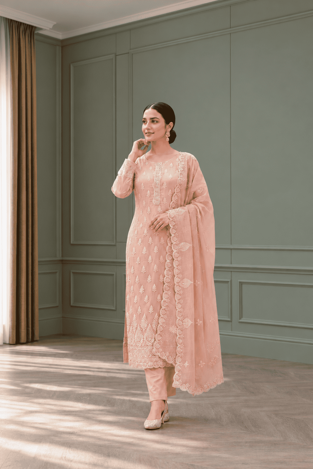Semi-Stitched Dusty Rose Organza With Delicate Ivory Thread And Sequin Floral Motifs Suit Material