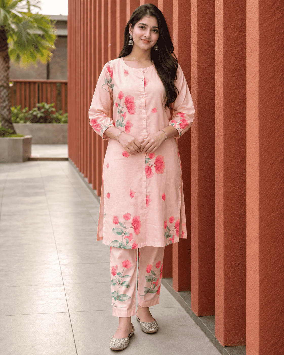 Soft cotton blend fabric in blush peach with delicate floral prints