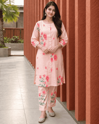 Soft cotton blend fabric in blush peach with delicate floral prints