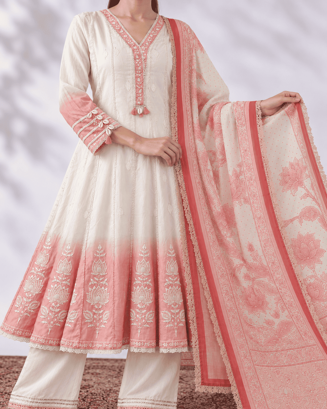 Ivory & Blush Pink Mul Chanderi Ombre Shaded Kurta and Pant with Dupatta