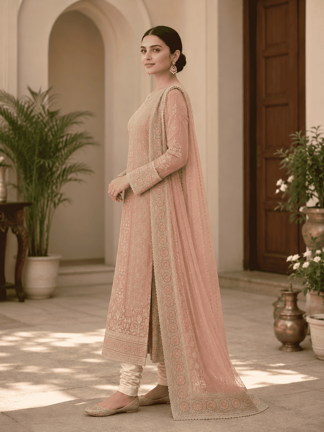 Unstitched Soft Blush Pink Organza With Intricate Ivory And Gold Threadwork Embroidery Suit Material