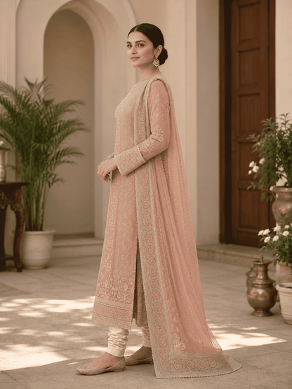 Unstitched Soft Blush Pink Organza With Intricate Ivory And Gold Threadwork Embroidery Suit Material
