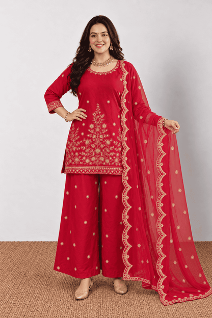 Fuchsia Cotton Straight Kurta palazzo With Dupatta