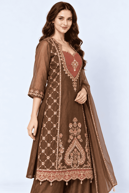 Brown Embroidered Tissue Kurta and Pant with Dupatta