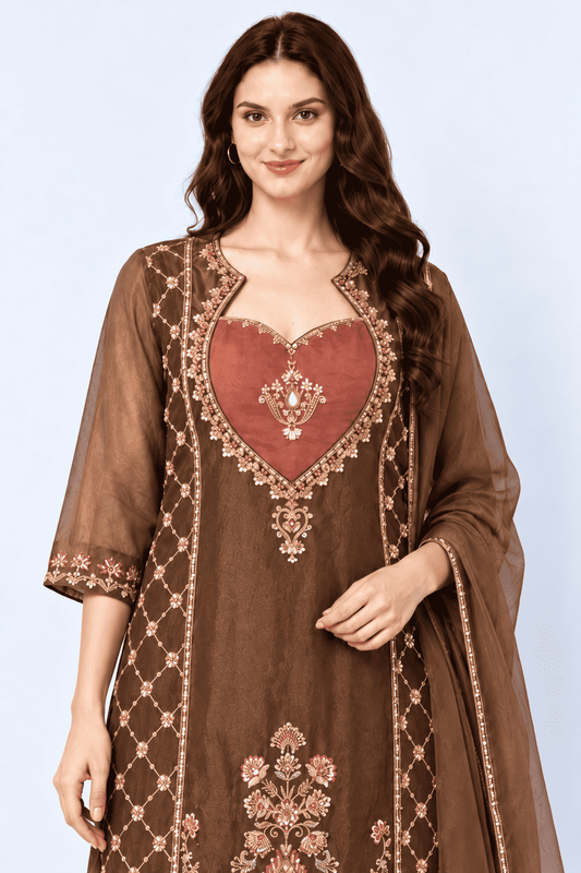 Brown Embroidered Tissue Kurta and Pant with Dupatta
