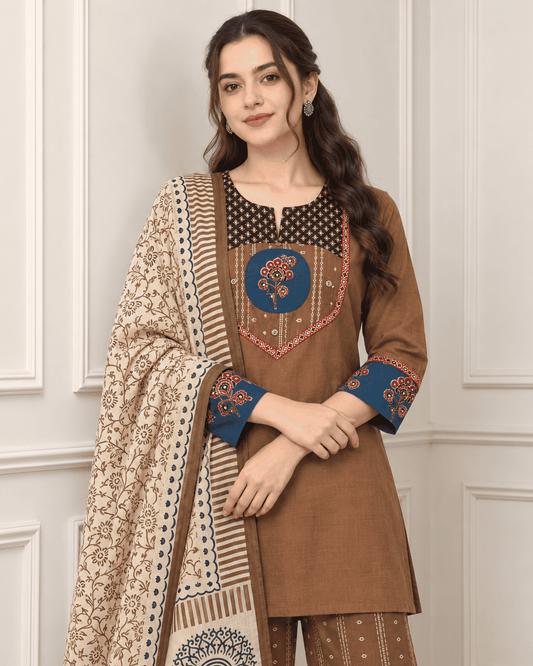 Brown Handloom Cotton Kurta and Pant With Dupatta