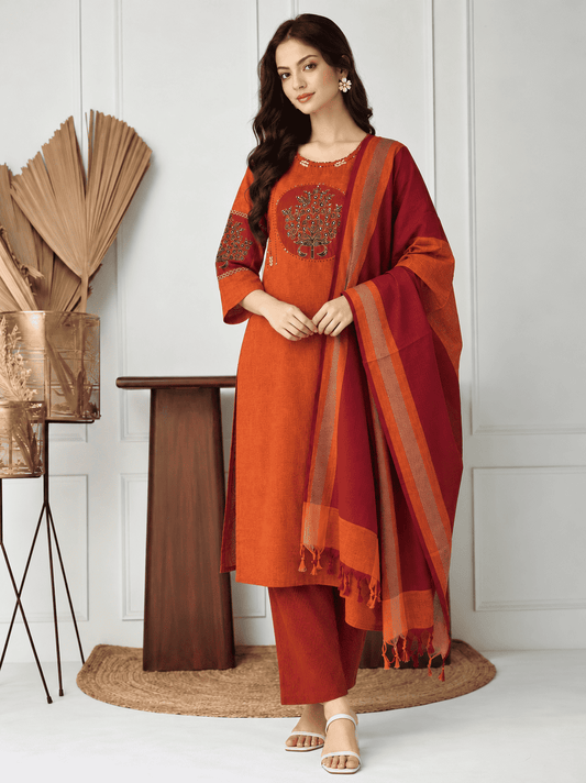 Orange and Maroon Embroidered kurta and pant with dupatta