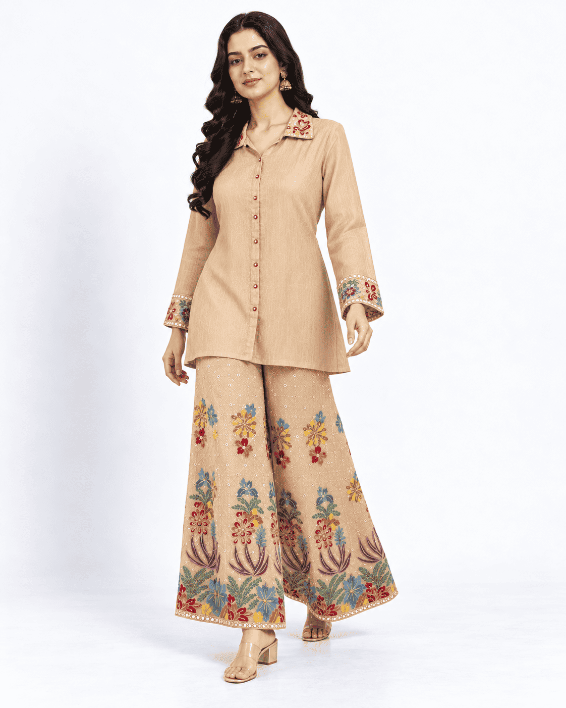 Champagne Beige Embroidered Chinon Kurta Pant Set