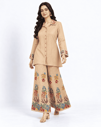 Champagne Beige Embroidered Chinon Kurta Pant Set