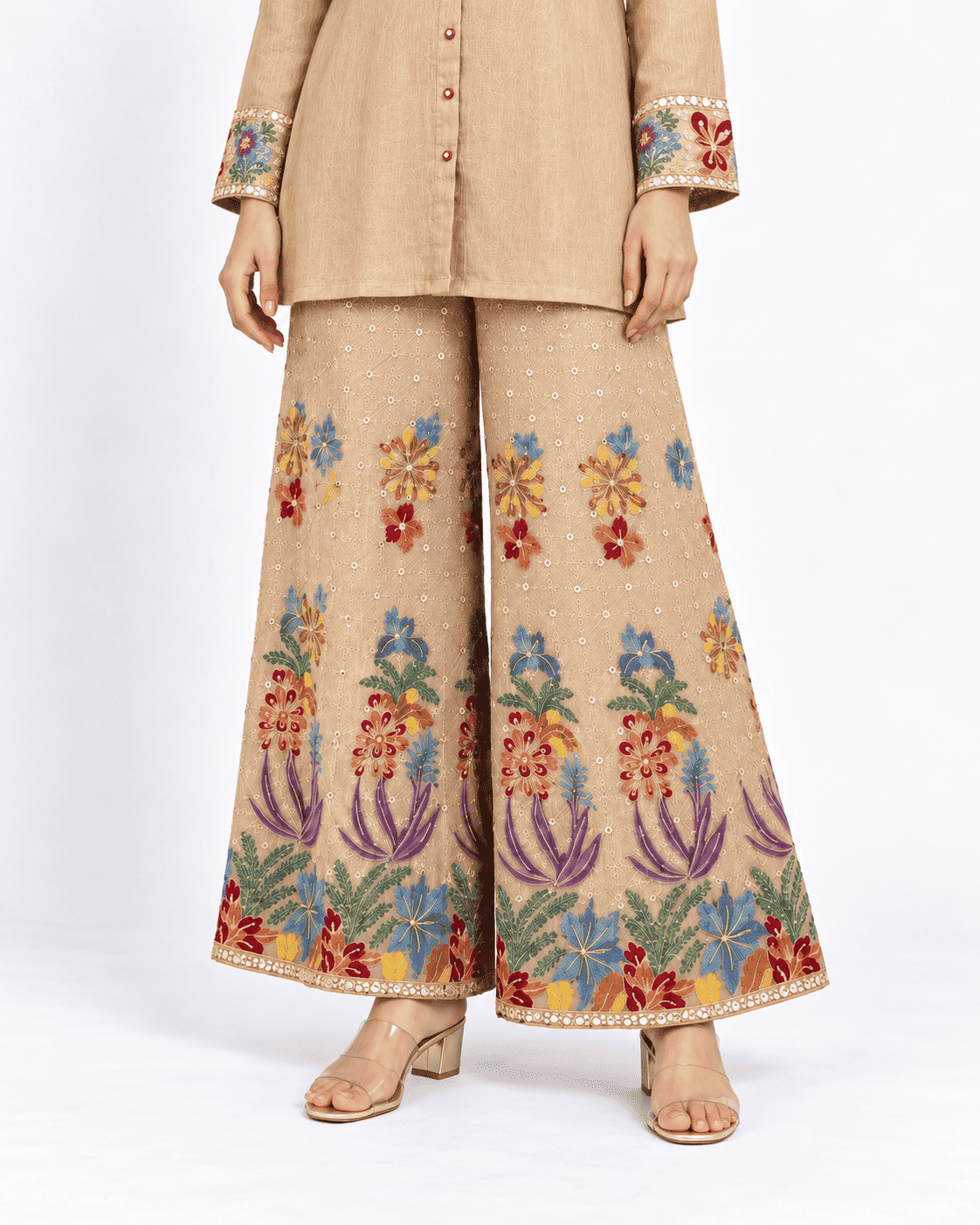 Champagne Beige Embroidered Chinon Kurta Pant Set