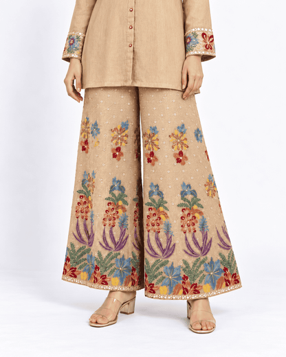 Champagne Beige Embroidered Chinon Kurta Pant Set
