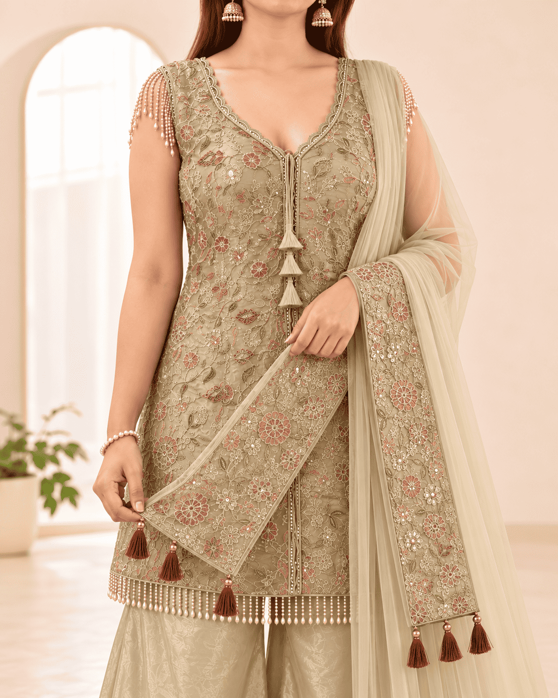 Champagne Gold Embroidered Shimmer Silk Front Slit Peplum Kurta Sharara and Dupatta Set