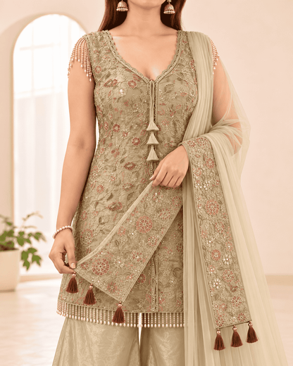 Champagne Gold Embroidered Shimmer Silk Front Slit Peplum Kurta Sharara and Dupatta Set