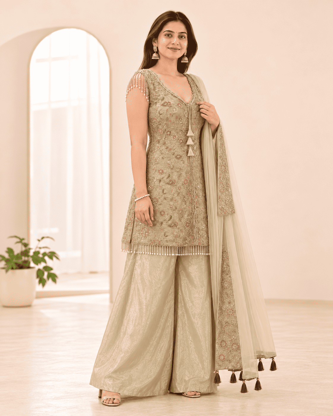 Champagne Gold Embroidered Shimmer Silk Front Slit Peplum Kurta Sharara and Dupatta Set