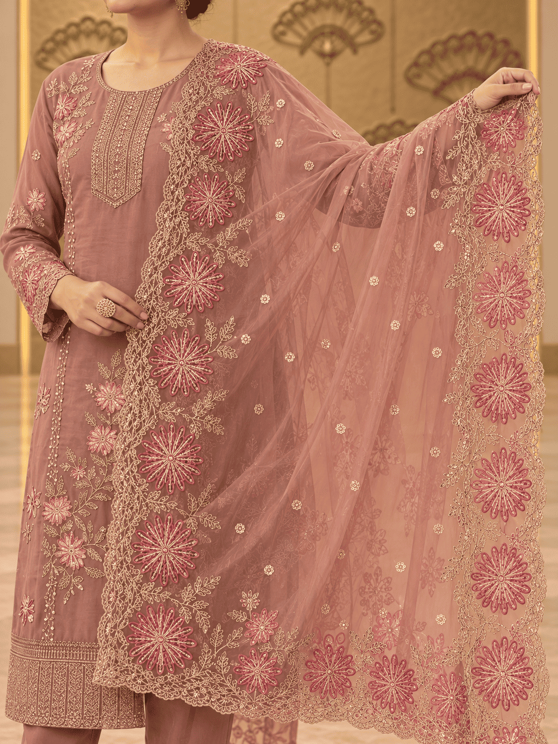 Semi-Stitched Champagne Brown Shimmer Organza With Multicoloured Thread Embroidery Suit Material