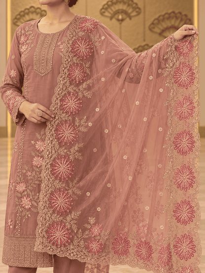 Semi-Stitched Champagne Brown Shimmer Organza With Multicoloured Thread Embroidery Suit Material
