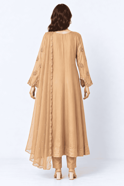 Rose Gold Embroidered Chinon Anarkali Kurta and Pant with Dupatta