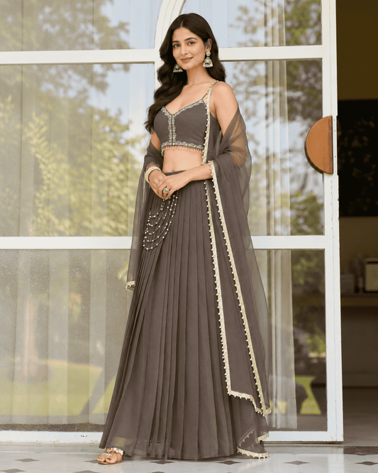 Dark Grey Shimmer Organza Blouse and Pleated Lehenga with Dupatta