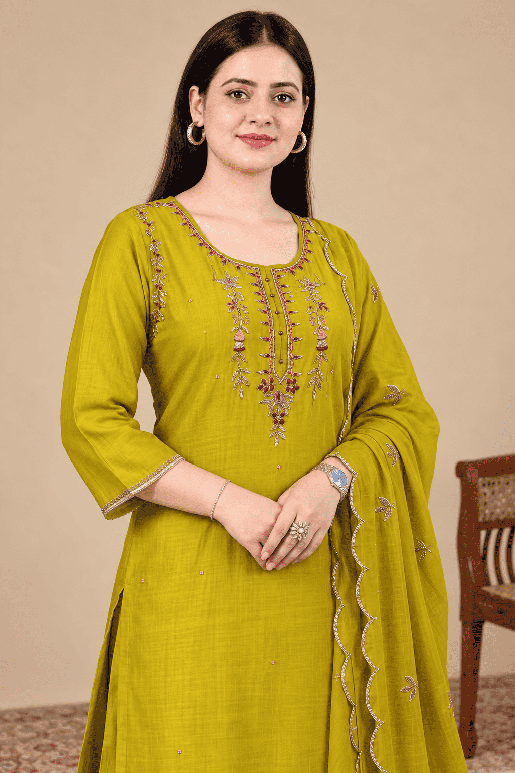Lime Green Embroidered Mul Chanderi Kurta and pant with Dupatta