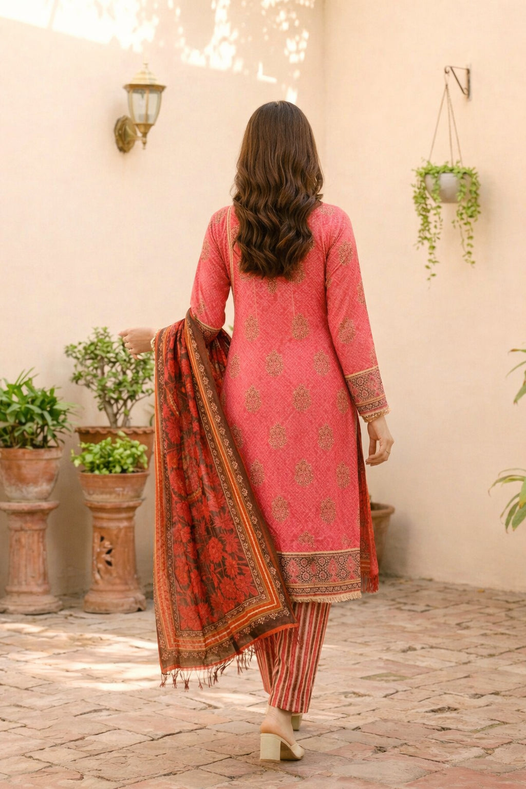 Vibrant Pink Cotton Floral Printed Suit Set Paired With Bagru Printed Lightweight Dupatta