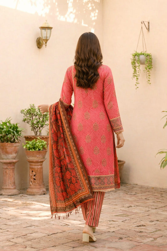 Vibrant Pink Cotton Floral Printed Suit Set Paired With Bagru Printed Lightweight Dupatta
