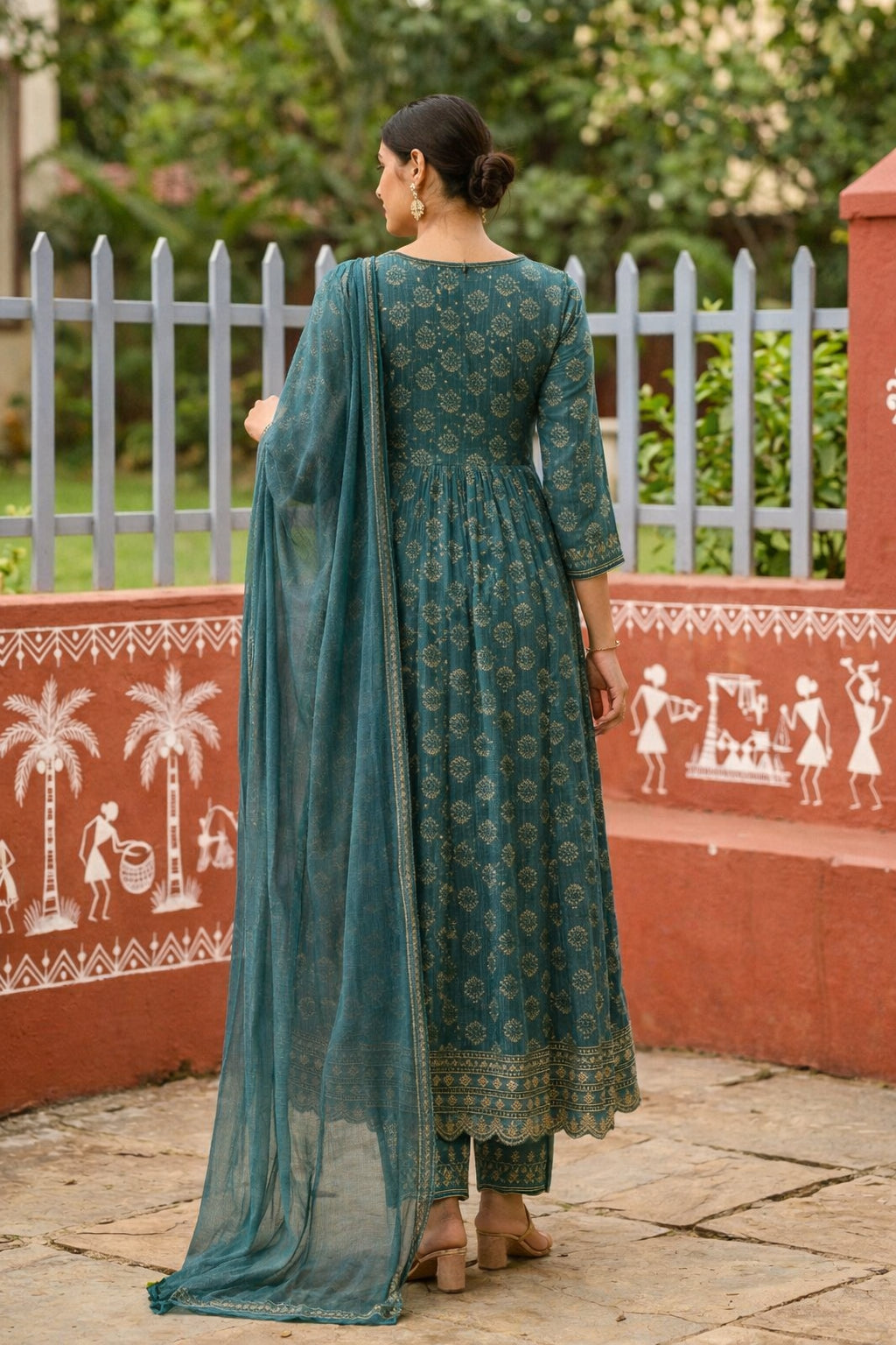 Teal Floral Cotton Kurta Set With Printed Straight Trousers With Dupatta