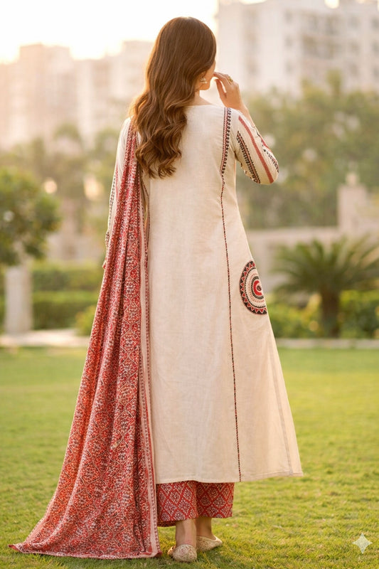 Ivory White Cotton Kurta Set Featuring Applique Pocket With Kalamkari Dupatta