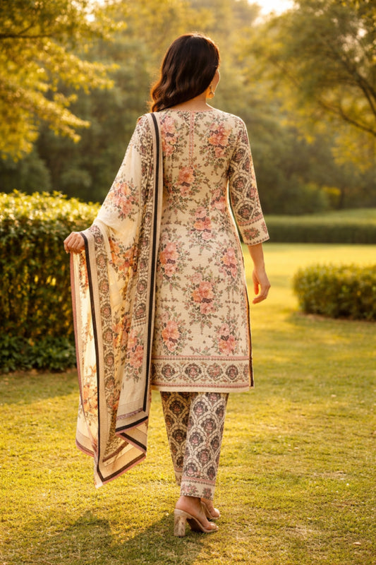 Coral Detailed Cream Floral Bagru Printed Cotton Kurta Set With Dupatta