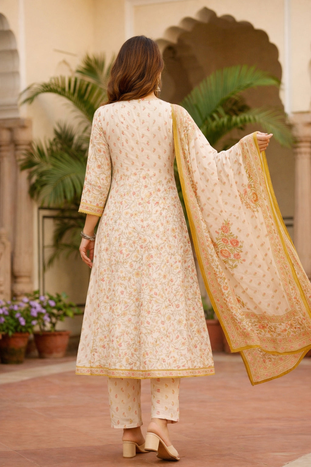 White Cotton Floral Suit Set With Yellow And Pink Accents Paired With Dupatta