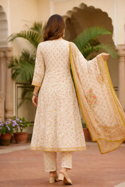 White Cotton Floral Suit Set With Yellow And Pink Accents Paired With Dupatta
