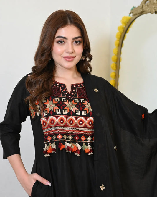 Black kurta with red and orange embroidery and pant set