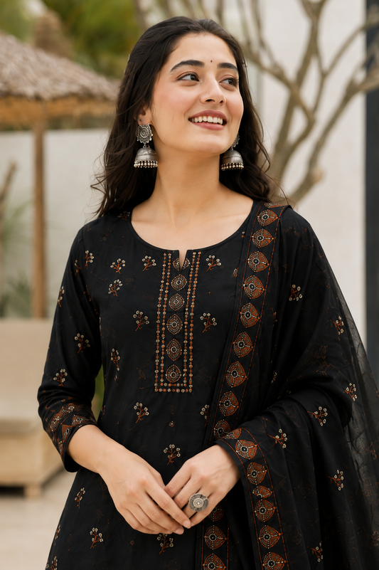 Black Floral Embroidered Rayon Kurta Set With Dupatta