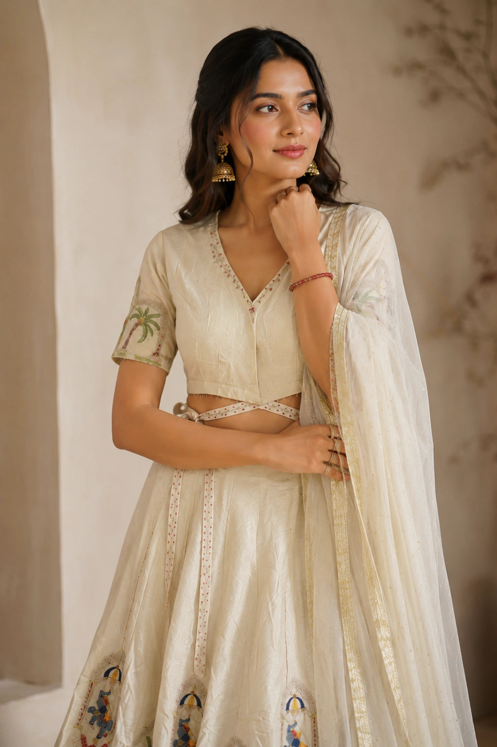 Ivory silk blend with embroidery lehenga choli set with net dupatta