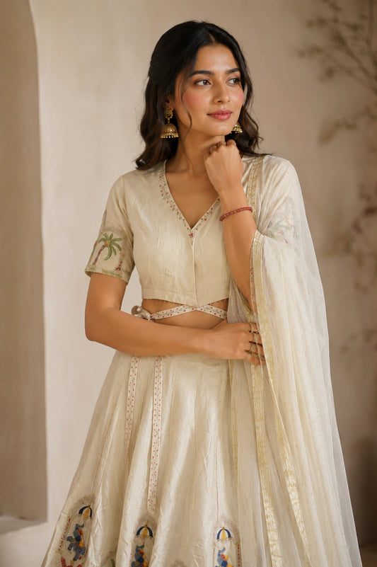 Ivory silk blend with embroidery lehenga choli set with net dupatta