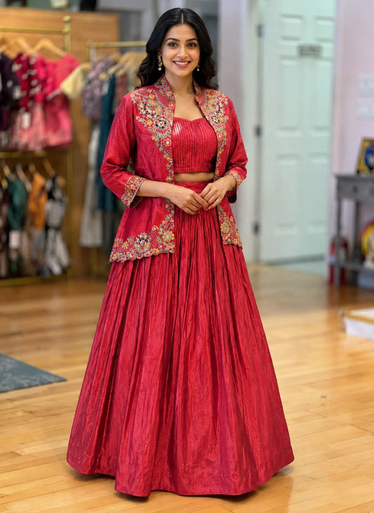 Red silk blend with embroidery jacket lehenga set