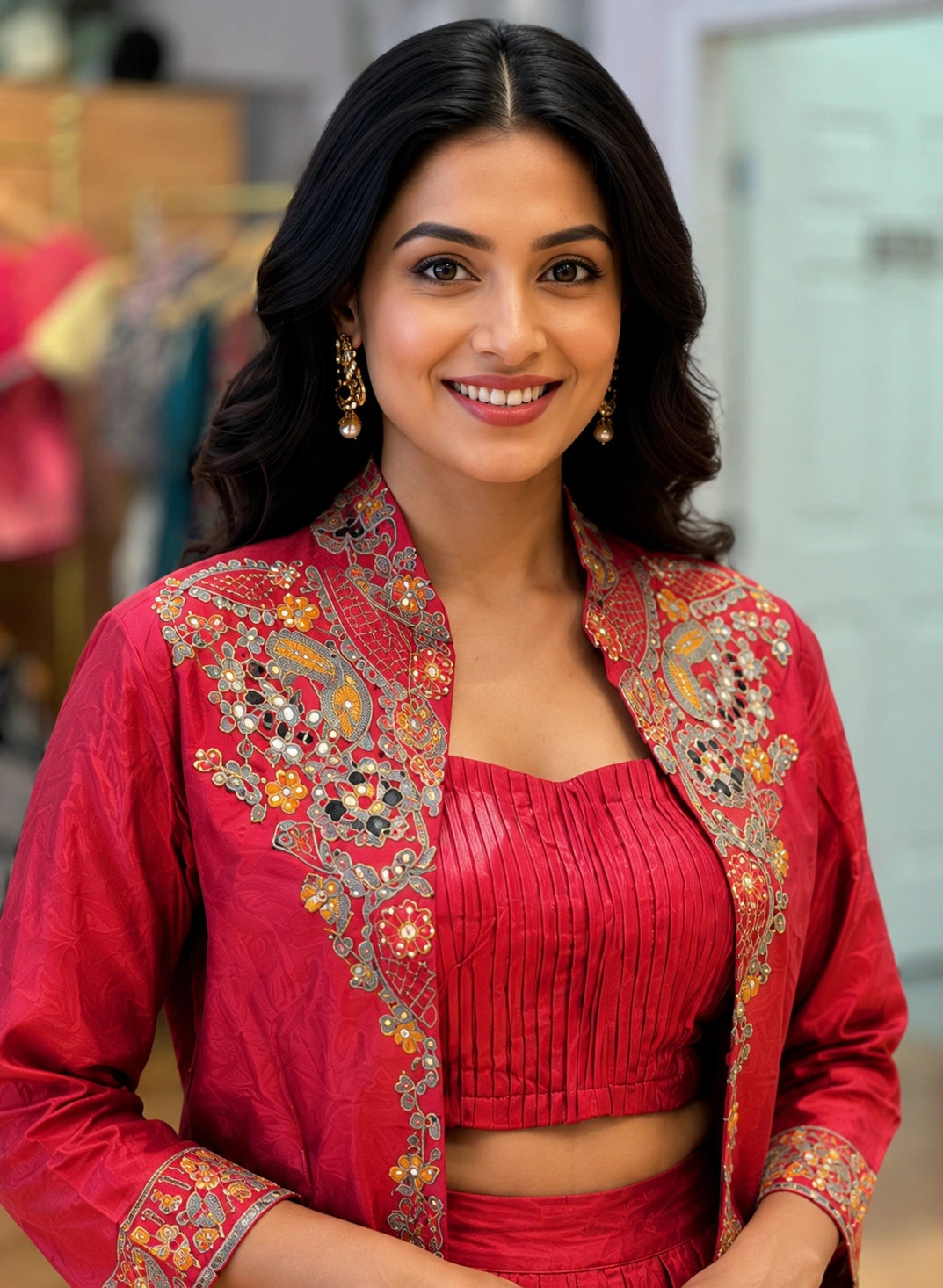 Red silk blend with embroidery jacket lehenga set
