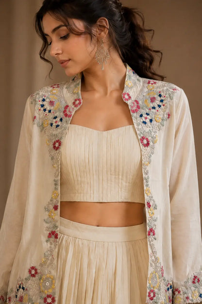 Ivory silk blend with embroidery jacket lehenga set