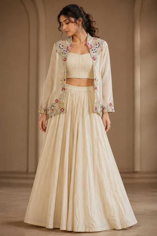 Ivory silk blend with embroidery jacket lehenga set