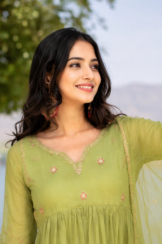 Green silk blend with embroidery kurta pant with net dupatta