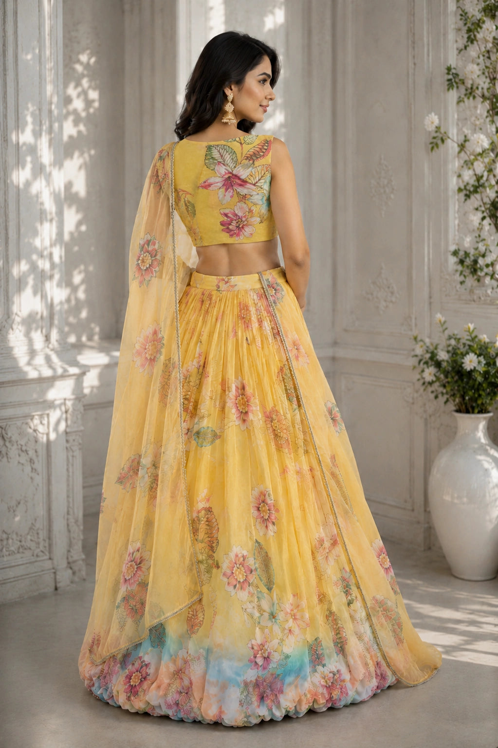 Yellow floral tebby organza lehenga choli with dupatta